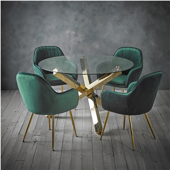 Capri Clear Glass Dining Set With 4 Lara Green Velvet Chairs