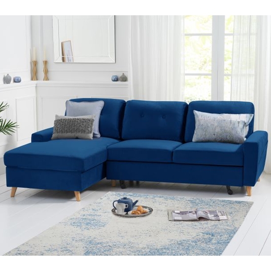 Carlotta Velvet Upholstered Left Facing Chaise Double Sofa Bed In Blue