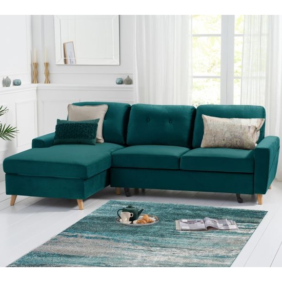Carlotta Velvet Upholstered Left Facing Chaise Double Sofa Bed In Green