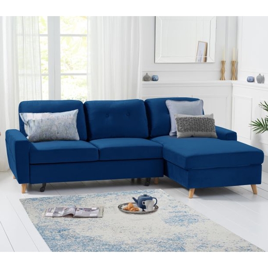 Carlotta Velvet Upholstered Right Facing Chaise Double Sofa Bed In Blue