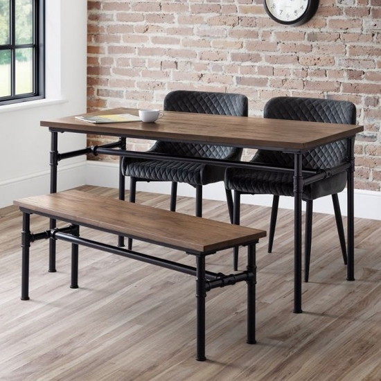 Carnegie Dining Table In Mocha Elm With Bench And 2 Luxe Grey Chairs