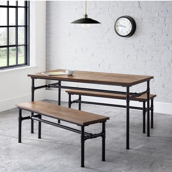 Carnegie Wooden Pipe Dining Table With 2 Benches In Mocha Elm