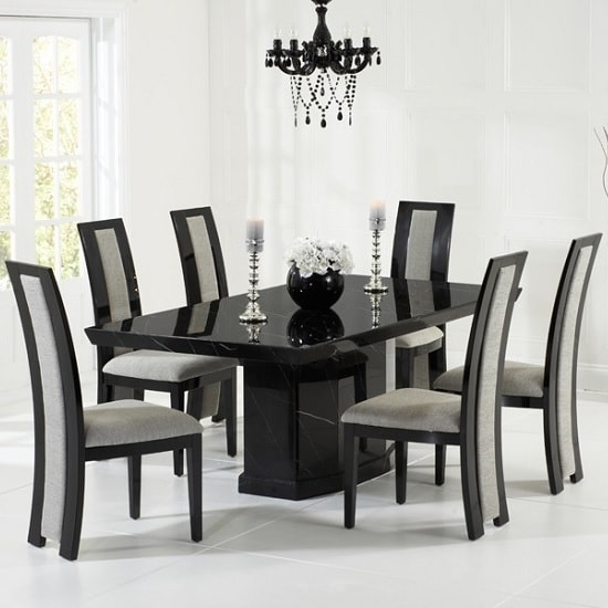 Carvelle Marble Dining Table In Black With 8 Venezia Grey Chairs