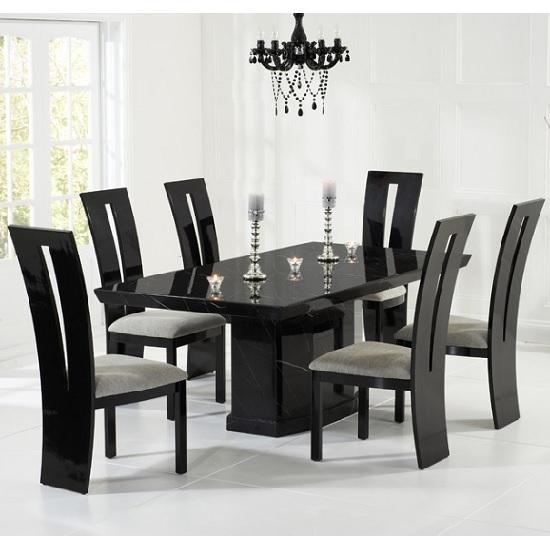 Carvelle Marble Dining Table In Black And 6 Rome Grey Chairs