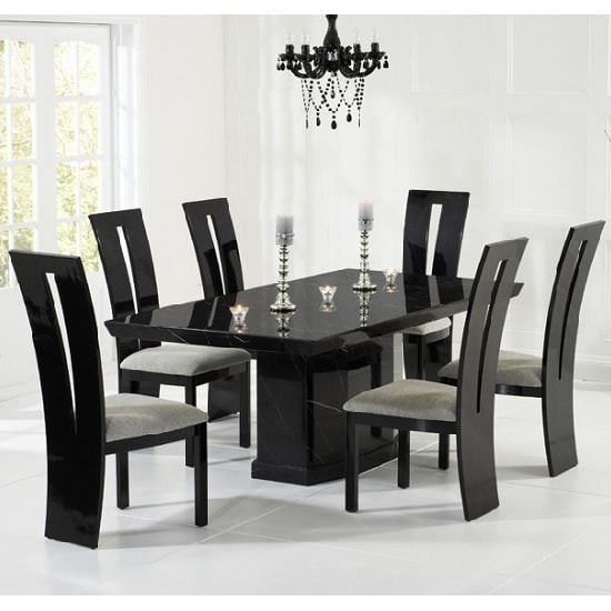 Carvelle Marble Dining Table In Black And 8 Rome Grey Chairs