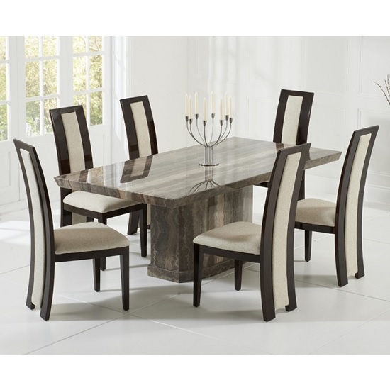 Carvelle Marble Dining Table In Brown With 6 Memphis Cream Chairs