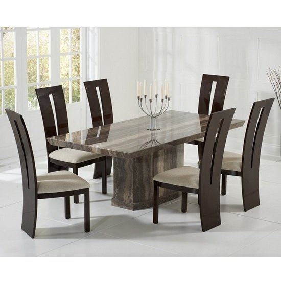 Carvelle Marble Dining Table In Brown And 6 Rome Cream Chairs