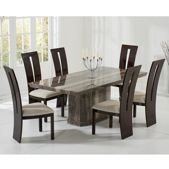 Carvelle Marble Dining Table In Brown And 8 Rome Cream Chairs