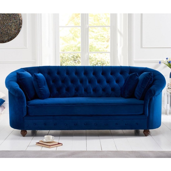Casey Chesterfield Plush Fabric Fabric 3 Seater Sofa In Blue