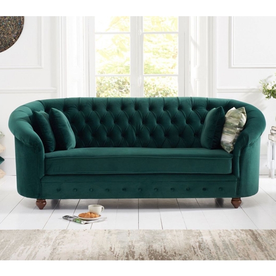 Casey Chesterfield Plush Fabric Fabric 3 Seater Sofa In Green