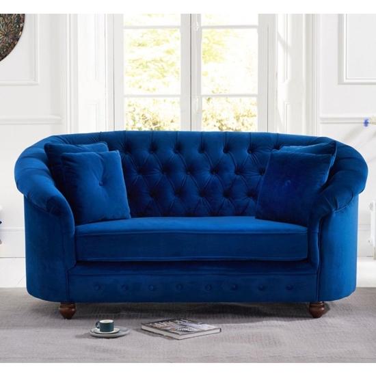 Casey Chesterfield Plush Fabric Upholstered 2 Seater Sofa In Blue