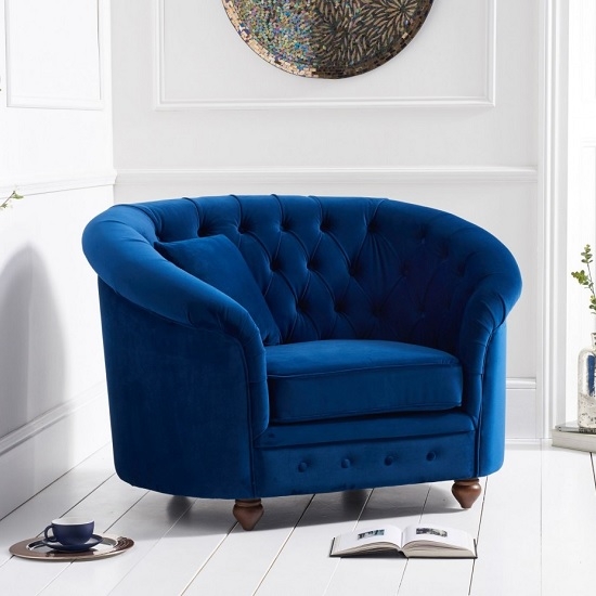 Casey Chesterfield Plush Fabric Upholstered Armchair In Blue