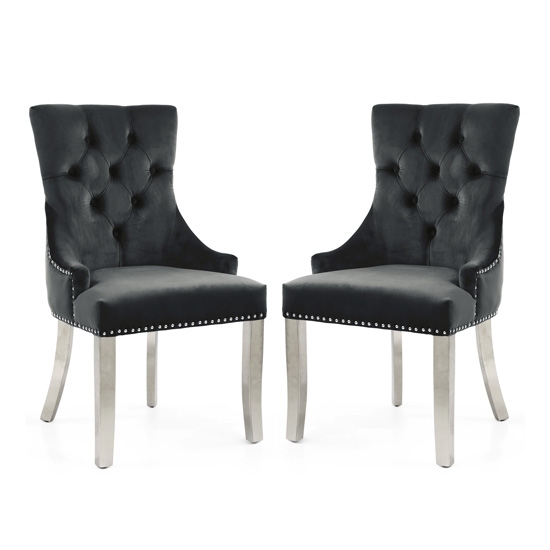Chester Black Velvet Dining Chairs In Pair With Polished Stainless Steel Legs