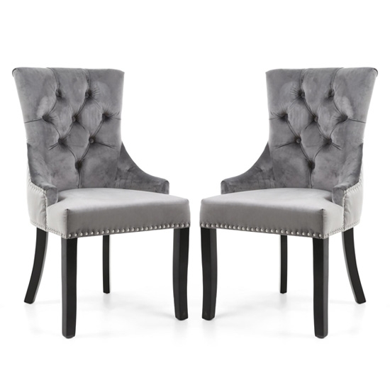 Chester Grey Velvet Dining Chairs In Pair With Black Rubberwood Legs