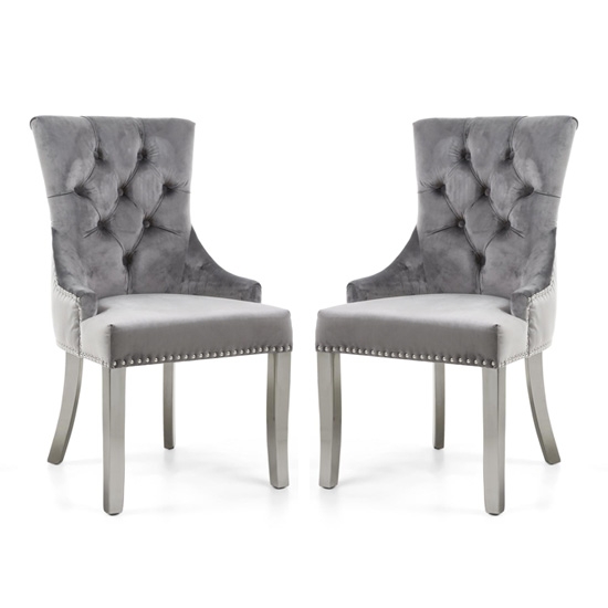 Chester Grey Velvet Dining Chairs In Pair With Polished Stainless Steel Legs