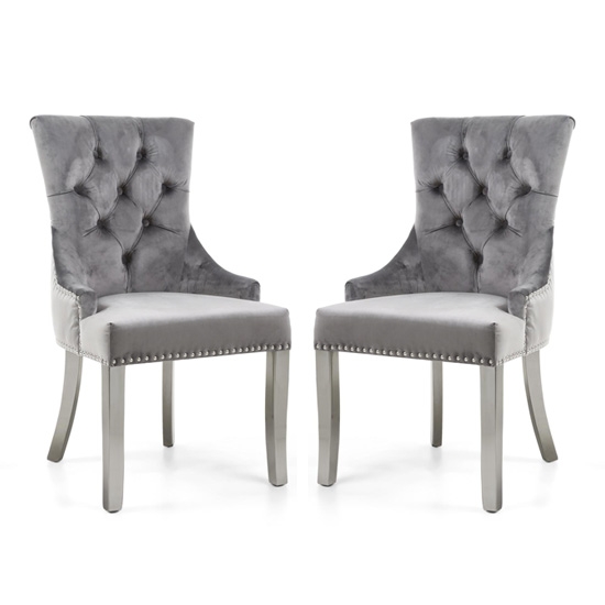 Chester Grey Velvet Dining Chairs In Pair With Polished Stainless Steel Legs