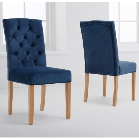 Clarissa Blue Velvet Dining Chairs In Pair With Oak Legs