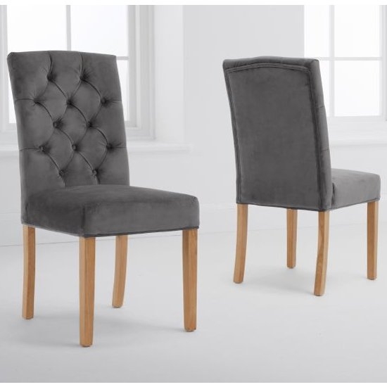 Clarissa Grey Velvet Dining Chairs In Pair With Oak Legs
