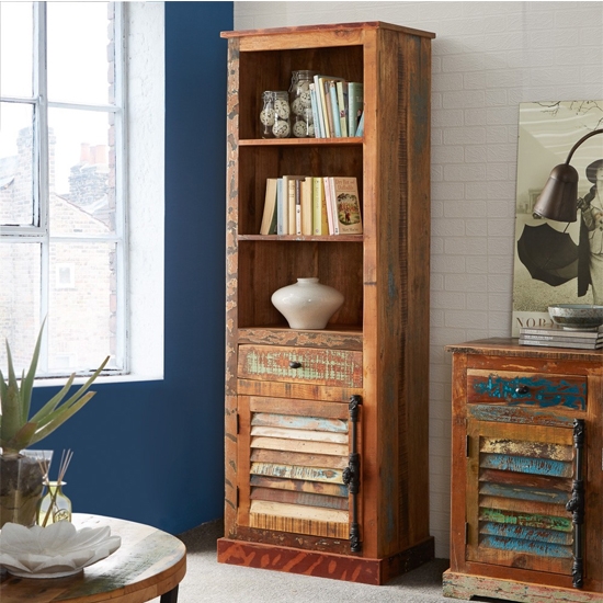 Coastal Narrow Wooden Bookcase In Reclaimed Wood