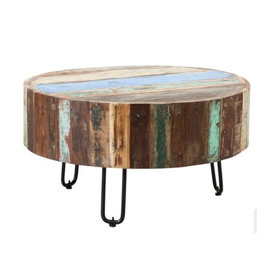 Coastal Round Wooden Drum Coffee Table In Vintage Oak