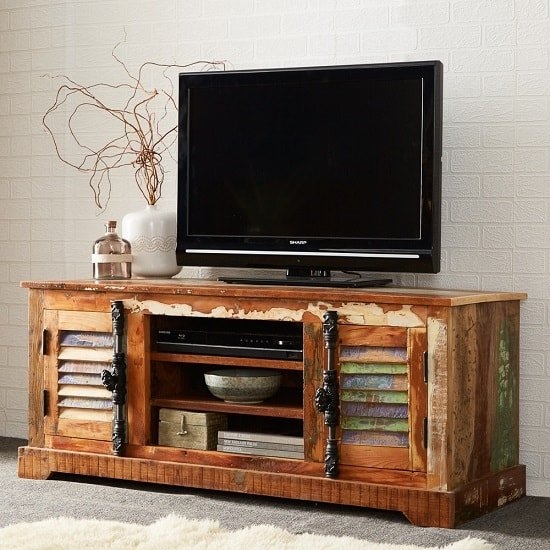 Coastal Wooden 2 Doors Tv Stand In Reclaimed Wood