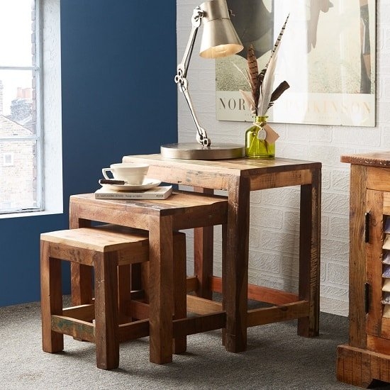 Coastal Wooden Nest Of 3 Tables In Reclaimed Wood