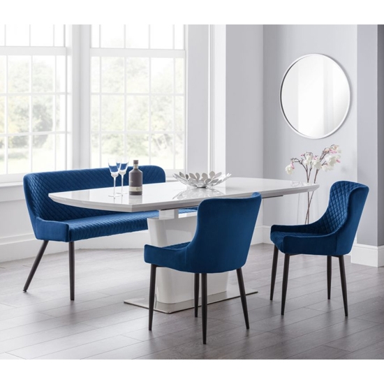 Como Extending White Gloss Dining Table With Luxe Blue Bench And 2 Chairs