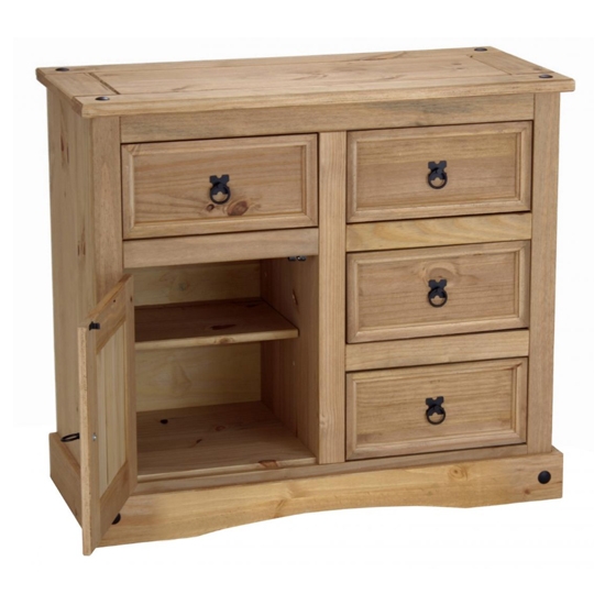 Corona Wooden Sideboard In Distressed Pine With 1 Doors And 4 Drawers