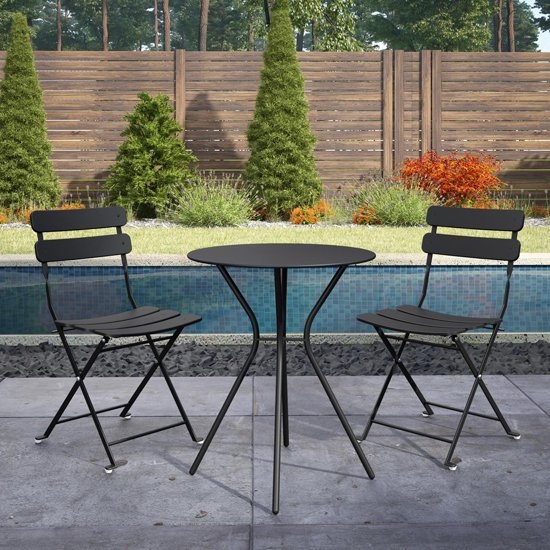 Cosco Outdoor Metal Fixed Bistro Set With 2 Folding Chairs In Black