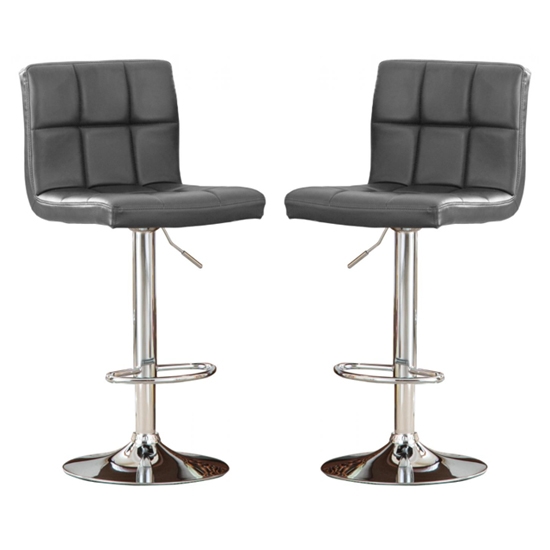 Cubik Grey Faux Leather Bar Stools In Pair With Chrome Base