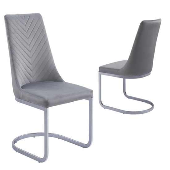 Curva Grey French Velvet Upholstered Dining Chairs In Pair
