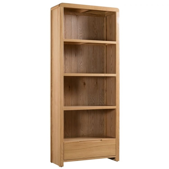 Curve Wooden 3 Shelves Tall Bookcase In Oak