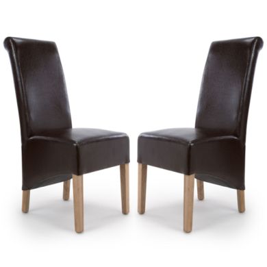 Krista Roll Back Brown Bonded Leather Dining Chairs In Pair