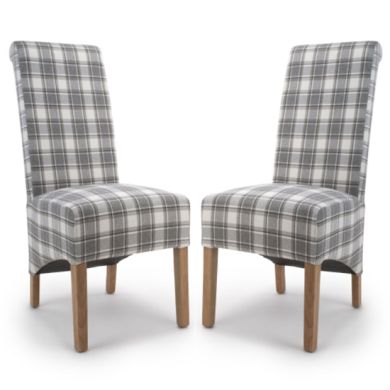 Krista Roll Back Cappuccino Check Herringbone Fabric Dining Chairs In Pair