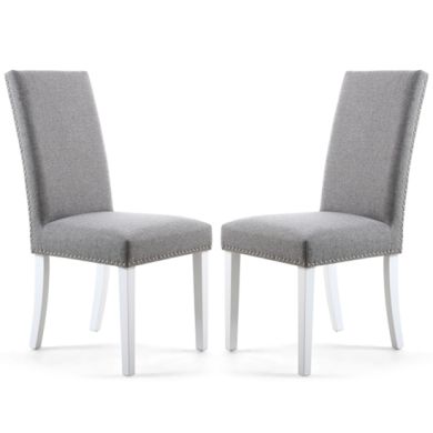 Randall Silver Grey Linen Effect Dining Chairs With White Legs In Pair