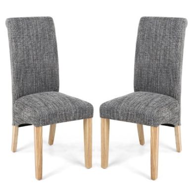 Karta Tweed Grey Weave Scroll Back Fabric Dining Chairs In Pair