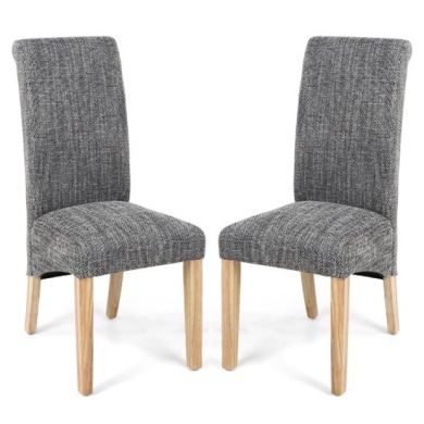 Karta Tweed Grey Weave Scroll Back Fabric Dining Chairs In Pair