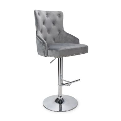 Rocco Brushed Velvet Bar Stool In Grey With Chrome Footrest And Base
