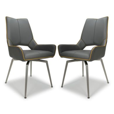 Mako Swivel Graphite Grey Leather Effect Dining Chairs In Pair