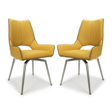 Mako Swivel Yellow Grey Leather Effect Dining Chairs In Pair