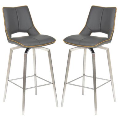 Mako Swivel Graphite Grey Leather Effect Bar Chairs In Pair