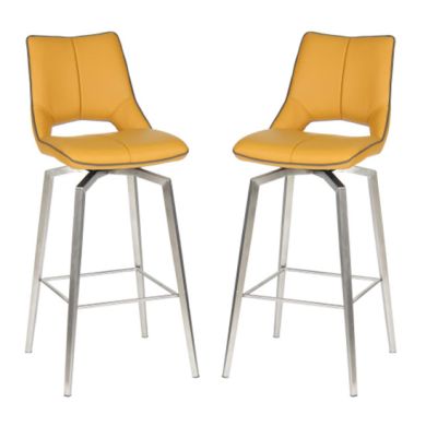 Mako Swivel Yellow Grey Leather Effect Bar Chairs In Pair