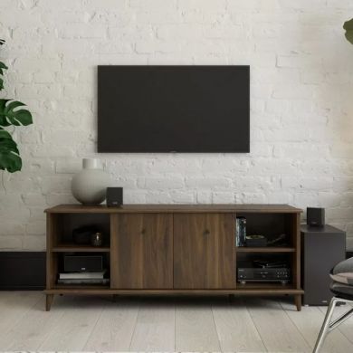 Farnsworth Wodoen TV Stand With 2 Doors 4 Shelves In Walnut