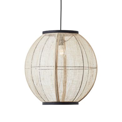 Zaire Large Natural Linen Fabric And Bamboo Shade Pendant Light In Matt Black
