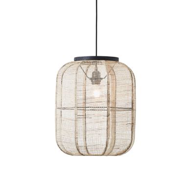 Zaire Medium Natural Linen Fabric And Bamboo Shade Pendant Light In Matt Black