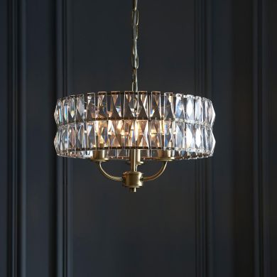 Clifton Clear Cut Faceted Glass 3 Lights Ceiling Pendant Light In Antique Brass