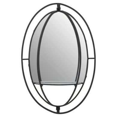 Avento Oval Shelved Wall Mirror In Black Iron Frame
