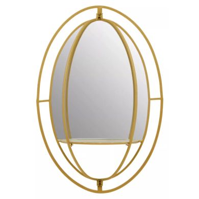 Avento Oval Shelved Wall Mirror In Gold Iron Frame