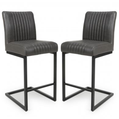 Archer Cantilever Grey Leather Effect Bar Chairs In Pair