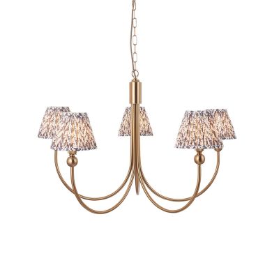 Santiago And Leaf 5 Lights 16cm Pearl Grey Shade Curved Ceiling Pendant Light In Brushed Aged Brass
